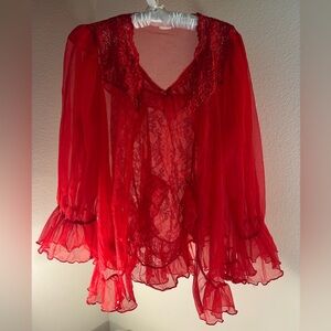 Vintage Seductive Wear by Cinema Etoile Robe, Top, & Panty Red Lace Lingerie Set